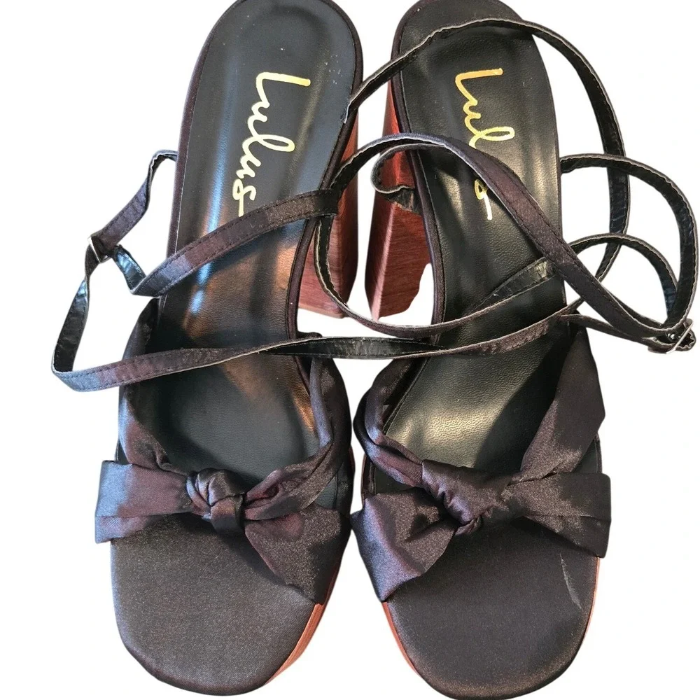 Lulus Black Satin Bow Platform Heels Chunky Block Square Toe Sandals Size 7.5
